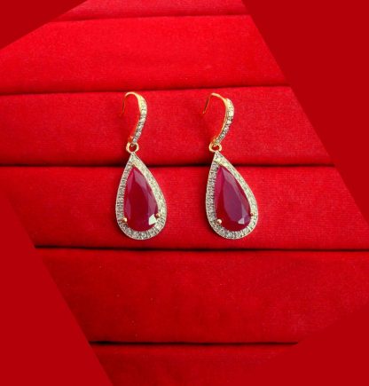 ZR44 Daphne Leaf Shaped Ruby Shade Zircon Earring Wedding Special