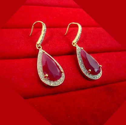 ZR44 Daphne Leaf Shaped Ruby Shade Zircon Earring Wedding Special close up - Copy