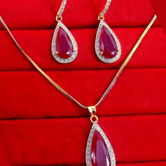 ZR44 Daphne Leaf Shaped Ruby Shade Zircon Pendant with Earring Wedding Special