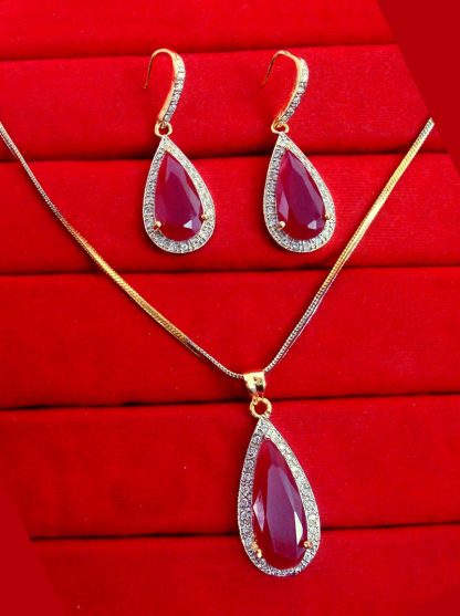 ZR44 Daphne Leaf Shaped Ruby Shade Zircon Pendant with Earring Wedding Special