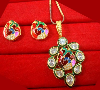 ZR45 Daphne Stylish Peacock Meenakari Kundan Pendant Earring For Wedding Events close up