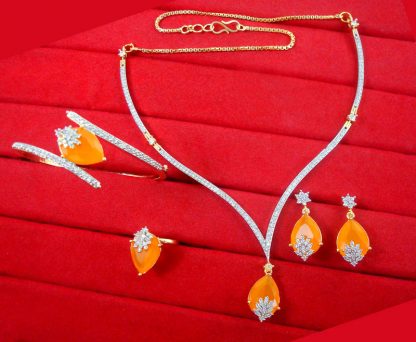 CBU57 Super Saver Four Items Zircon Studded Yellow Shade Fashion Necklace, Earrings with Ring and Bracelet, Combo for Gift -1