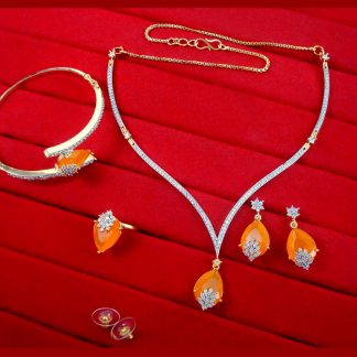 CBU57 Super Saver Four Items Zircon Studded Yellow Shade Fashion Necklace, Earrings with Ring and Bracelet, Combo for Gift Full view