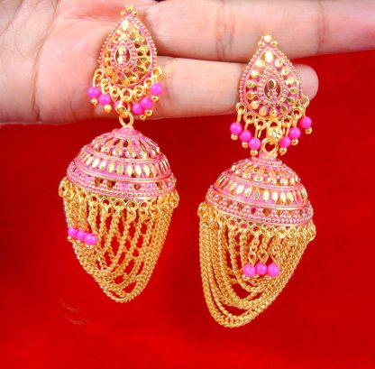 JM28 Daphne Pink Golden Shade looped Frills Jhumki For Women Wedding Special full view