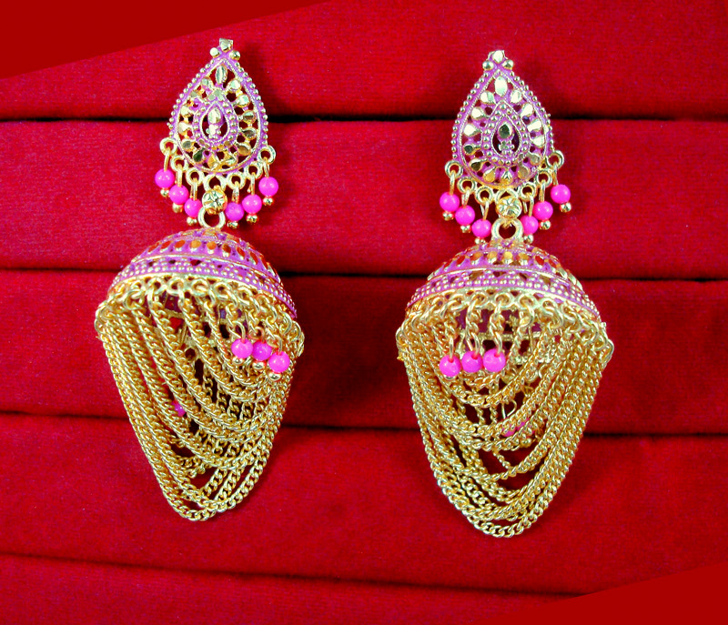 JM28 Daphne Pink Golden Shade looped Frills Jhumki For Women Wedding Special