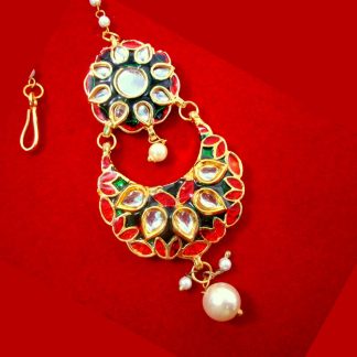 MAG80 Forever Traditional Meenakari Kundan Pearls Maang Tikka For Wedding Events close up