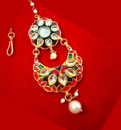 MAG80 Forever Traditional Meenakari Kundan Pearls Maang Tikka For Wedding Events close up