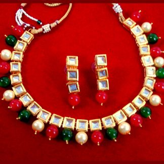 NK34 Traditional Multi Color Pearl Kundan Necklace Set with Earrings For Women full view