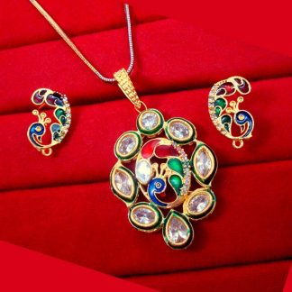 ZR46 Daphne Elegant Peacock Meenakari Kundan Pendant Earring For Wedding Events