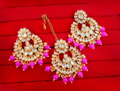 EM12 Daphne Handmade Bollywood Kundan Party Wear Pearls Hanging Maang Tikka Earrings Set