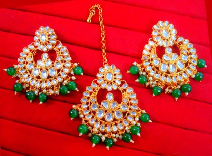 EM13 Daphne Handmade Bollywood Kundan Party Wear Pearls Hanging Maang Tikka Earrings Set