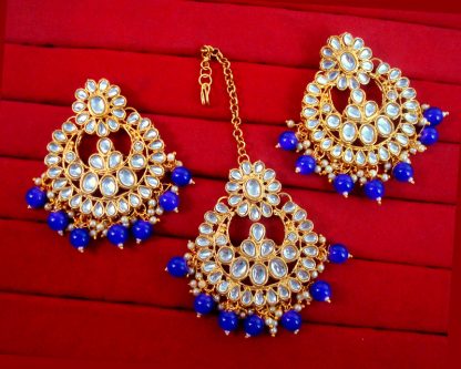 EM14 Daphne Handmade Bollywood Kundan Party Wear Pearls Hanging Maang Tikka Earrings Set