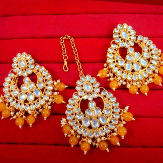 EM15 Daphne Handmade Bollywood Kundan Party Wear Pearls Hanging Maang Tikka Earrings Set