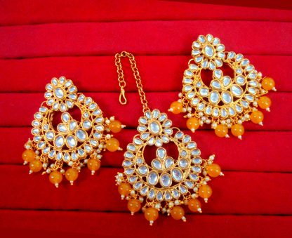 EM15 Daphne Handmade Bollywood Kundan Party Wear Pearls Hanging Maang Tikka Earrings Set