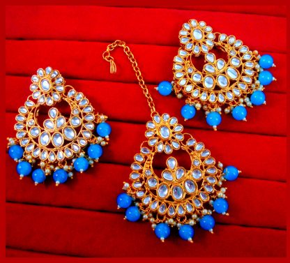 EM16 Daphne Handmade Bollywood Kundan Party Wear Pearls Hanging Maang Tikka Earrings Set