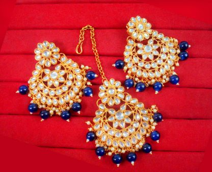 EM21 Daphne Handmade Bollywood Kundan Party Wear Pearls Hanging Maang Tikka Earrings Set