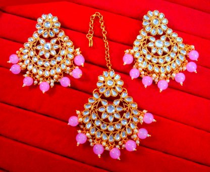 EM22 EM16 Daphne Handmade Bollywood Kundan Party Wear Pearls Hanging Maang Tikka Earrings Set