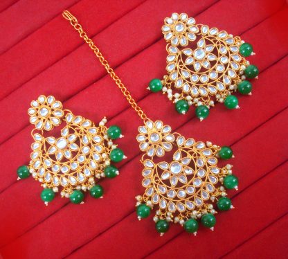 EM23 Daphne Handmade Bollywood Kundan Party Wear Pearls Hanging Maang Tikka Earrings Set