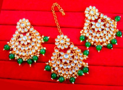 EM23 EM16 Daphne Handmade Bollywood Kundan Party Wear Pearls Hanging Maang Tikka Earrings Set