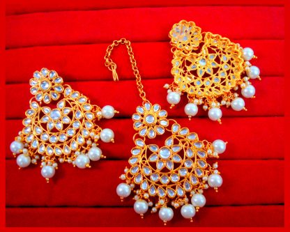EM24 EM16 Daphne Handmade Bollywood Kundan Party Wear Pearls Hanging Maang Tikka Earrings Set
