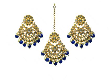 EM25 Daphne Royal Blue Wedding Bridal Indian Maang Tikka With Earring Set For Karva Chauth Special