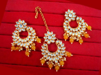 EM31 Daphne Handmade Bollywood Kundan Party Wear Pearls Hanging Maang Tikka Earrings Set Jewelry