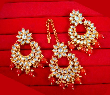 EM32 Daphne Handmade Bollywood Kundan Party Wear Pearls Hanging Maang Tikka Earrings Set Jewelry