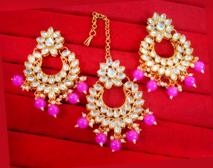 EM33 Daphne Handmade Bollywood Kundan Party Wear Pearls Hanging Maang Tikka Earrings Set Jewelry