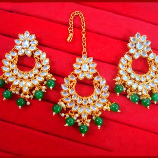 EM34 Daphne Handmade Bollywood Kundan Party Wear Pearls Hanging Maang Tikka Earrings Set Jewelry