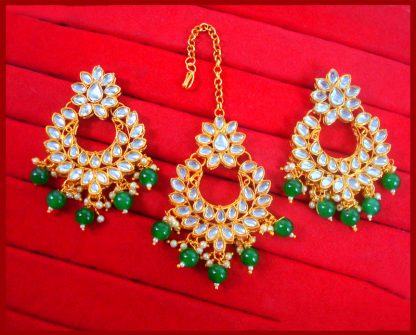 EM34 Daphne Handmade Bollywood Kundan Party Wear Pearls Hanging Maang Tikka Earrings Set Jewelry