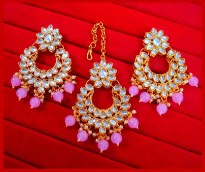 EM35 Daphne Handmade Bollywood Kundan Party Wear Pearls Hanging Maang Tikka Earrings Set Jewelry