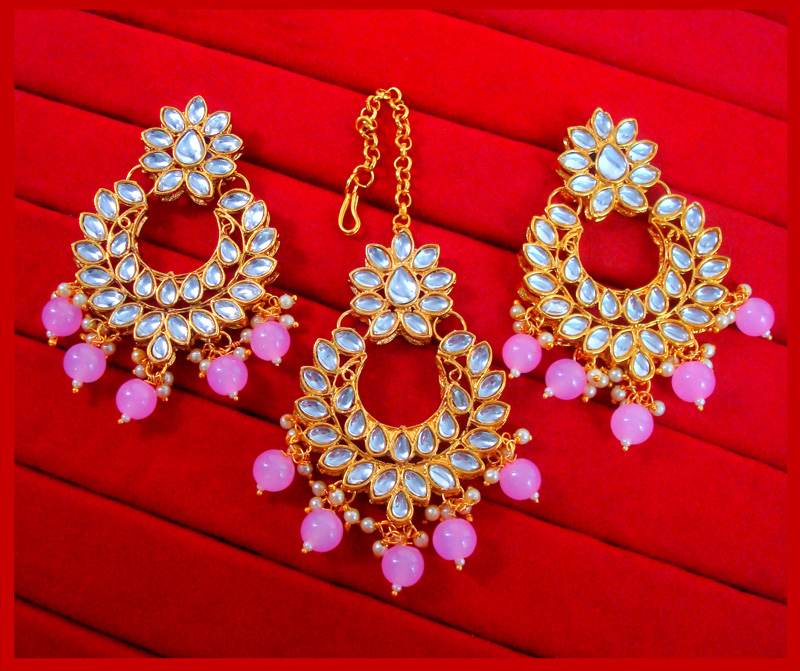 Purple Color Mirror Kundan Earrings With Maang Tikka (MTKE460PRP)