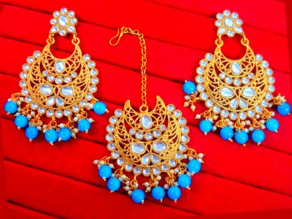 EM41 Daphne Handmade Bollywood Kundan Party Wear Pearls Hanging Maang Tikka Earrings Set Jewelry