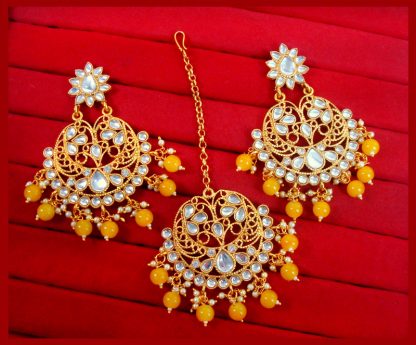 EM42 Daphne Handmade Bollywood Kundan Party Wear Pearls Hanging Maang Tikka Earrings Set Jewelry