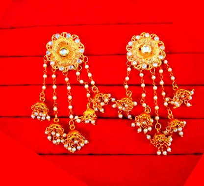 JM39 Bollywood Stylish Bahubali Pearl Kundan Jhumka Earring For Party Events Front view
