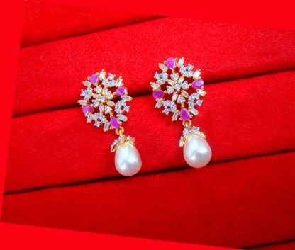 PN65 Daphne Permium Pink Zircon Flora Earrings with Peals Hanging Gift for Mother Day