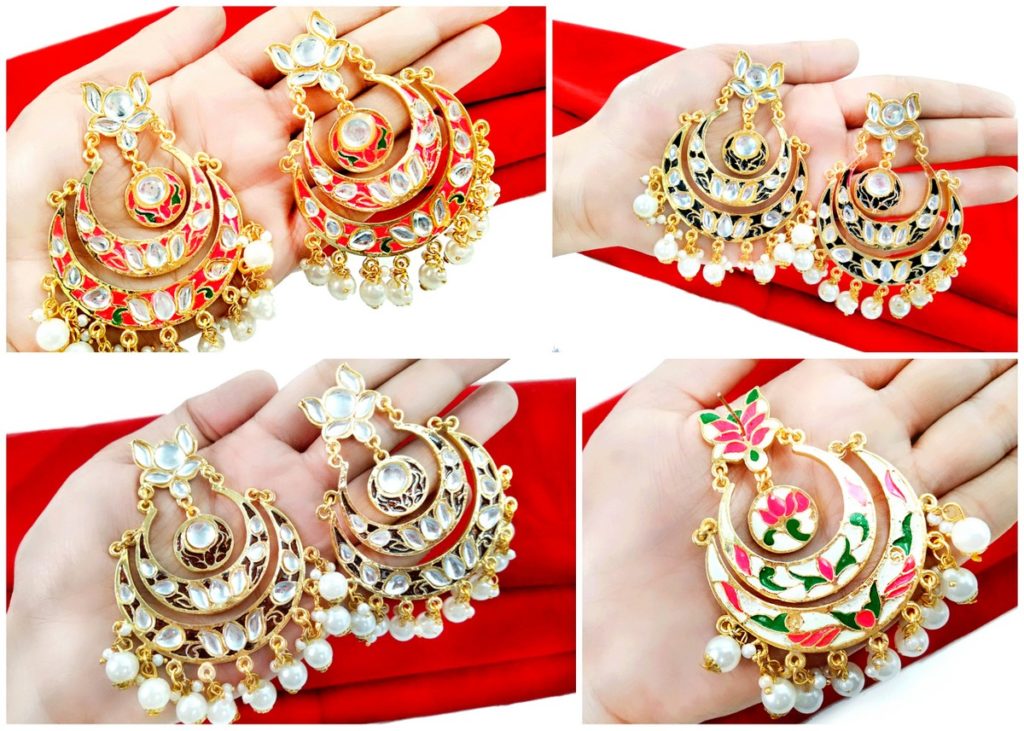 Daphne Meena Double Layer Kundan Chand Bali Earrings with Pearls