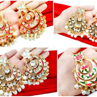 Daphne Meena Double Layer Kundan Chand Bali Earrings with Pearls