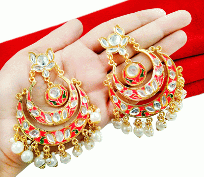 EK11 Daphne Pink Meena Double Layer Kundan Chand Bali Earrings with Pearls