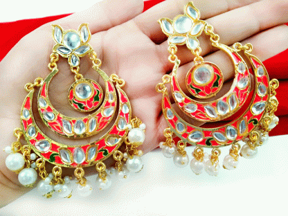 EK11 Daphne Pink and Green Meena Double Layer Kundan Chand Bali Earrings with Pearls