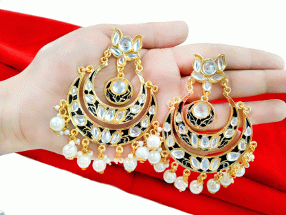 EK12 Daphne Black Meena Double Layer Kundan Chand Bali Earrings with Pearls