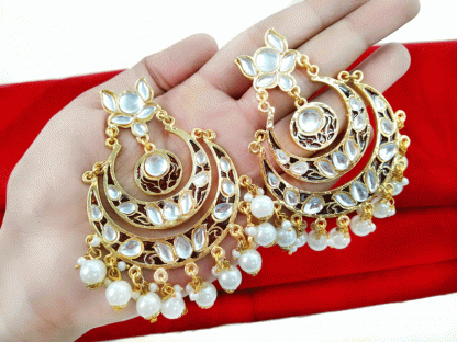EK13 Daphne Glocy Brown Meena Double Layer Kundan Chand Bali Earrings with Pearls