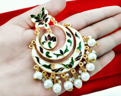 EK13 Daphne Glocy Brown Meena Double Layer Kundan Chand Bali Earrings with Pearls-Back view