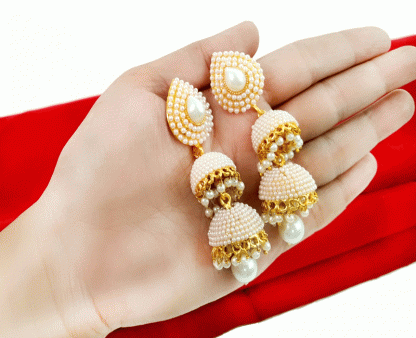 JM42 Traditional Gold Plated Pearls Drop Jhumki For Women