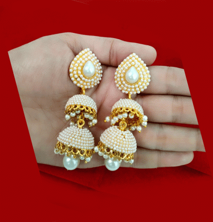 JM42 Traditional Gold Plated Pearls Drop Jhumki For Women-close view