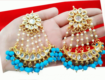 KE1F Daphne Handmade Kundan Bollywood Party wear Firoza Pearls Hanging Earring For Women