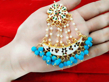 KE1F Daphne Handmade Kundan Bollywood Party wear Firoza Pearls Hanging Earring For Women-back view