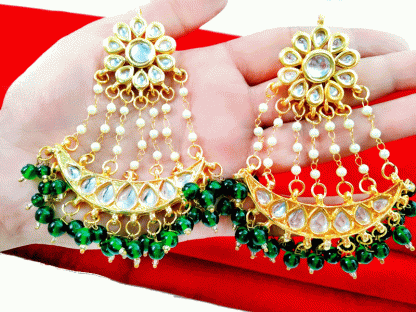 KE1G Daphne Handmade Kundan Bollywood Party wear Green Pearls Hanging Earring For Women