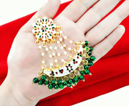 KE1G Daphne Handmade Kundan Bollywood Party wear Green Pearls Hanging Earring For Women-back view
