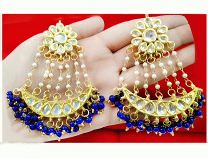 KE1J Daphne Handmade Kundan Bollywood Party wear Ink Blue Pearls Hanging Earring For Women